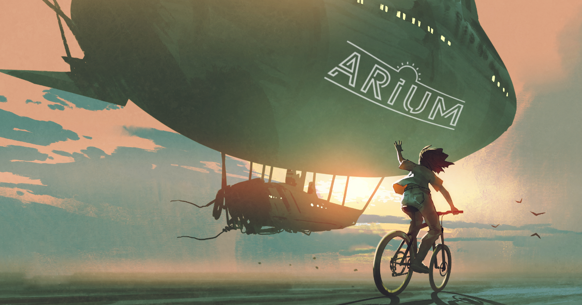 An airship bearing the Arium name rests on misty ground as a figure approaches by bicycle. Art by Tithi Luadthong.